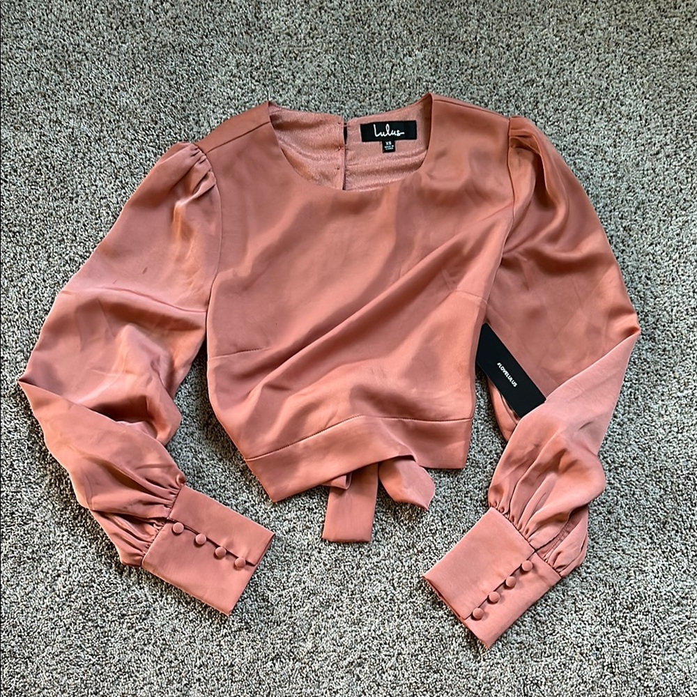Lulu's Pink Long Sleeve Tie Open Back Crop Blouse
